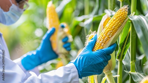 Scientists conducting agricultural research on ears of corn to improve crop yields and resilience photo