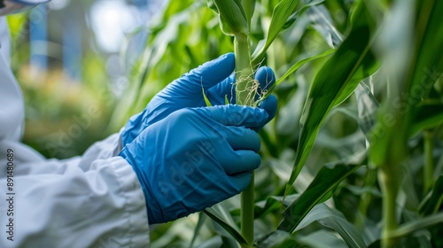 Scientists conducting agricultural research on ears of corn to improve crop yields and resilience photo