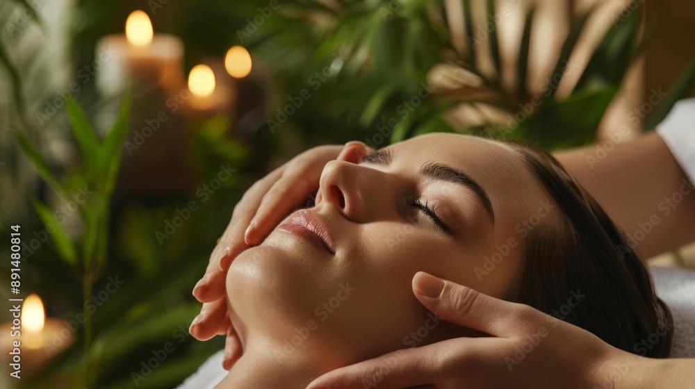 Close-up of a young woman receiving a gentle massage in a tranquil spa setting, with a backdrop of lush greenery and flickering candles Close-up of a young woman receiving a gentle massage in a tranquil spa setting, with a backdrop of lush greenery and flickering candles