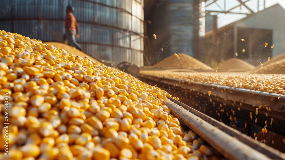 Tall silos filled with ears of corn, with workers ensuring proper storage and handling Tall silos filled with ears of corn, with workers ensuring proper storage and handling
