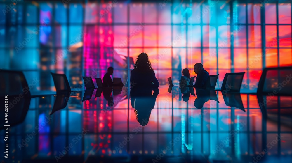Silhouettes of Business People Meeting in a Modern Office at Sunset Silhouettes of Business People Meeting in a Modern Office at Sunset