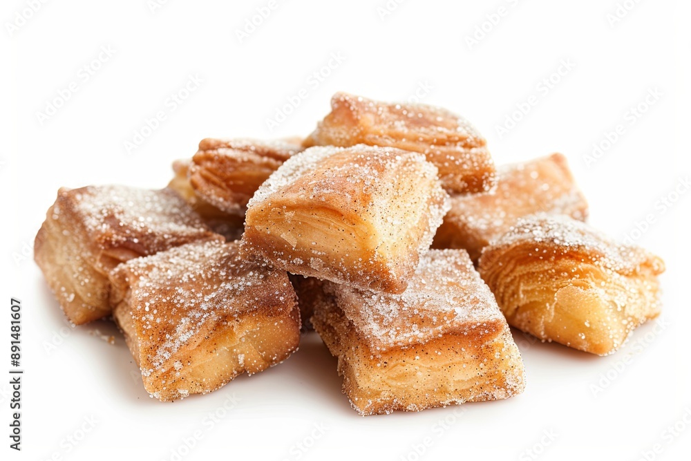 A pile of cinnamon pastries with a sugar coating, set against a white background and accompanied by a clipping path A pile of cinnamon pastries with a sugar coating, set against a white background and accompanied by a clipping path
