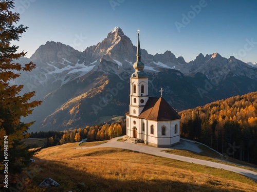 Bavaria's Maria Gern church, Hochkalter peak autumn Alps sunrise photo