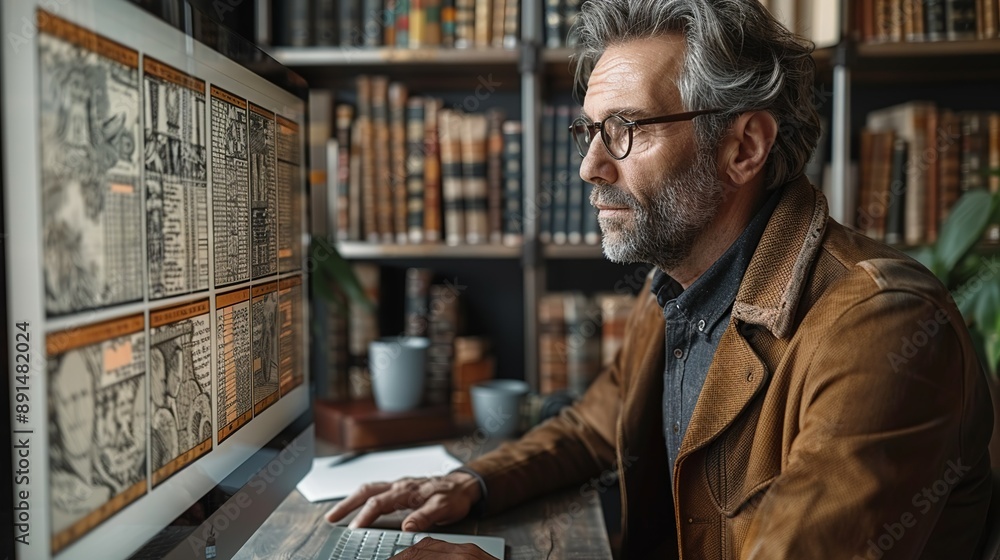 Businessman analyzing data on a sophisticated computer monitor while referencing old financial ledgers, blending modern and historical business tools realistic photo, high resolution , Minimalism, Businessman analyzing data on a sophisticated computer monitor while referencing old financial ledgers, blending modern and historical business tools realistic photo, high resolution , Minimalism,