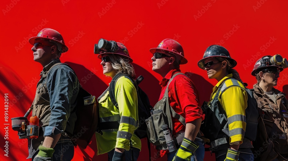 Digital artwork of industrial workers, men and women in safety gear against a red backdrop, honoring the spirit of Labor Day and the importance of industrial labor. Digital artwork of industrial workers, men and women in safety gear against a red backdrop, honoring the spirit of Labor Day and the importance of industrial labor.