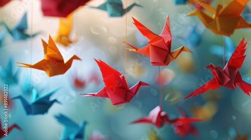 Wallpaper Mural Colorful paper origami birds tied to strings. Torontodigital.ca