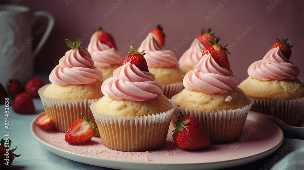 Cupcakes with cream and strawberries Cupcakes with cream and strawberries