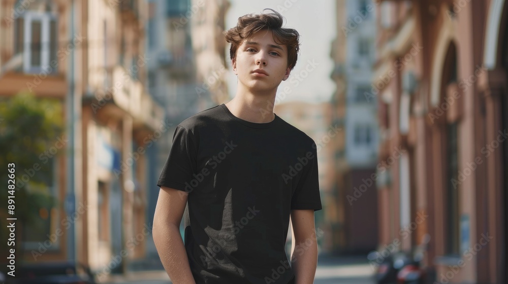 Fototapeta premium Young Model Shirt Mockup, Boy wearing black t-shirt on street in daylight, Shirt Mockup Template on hipster adult for design print, Male guy wearing casual t-shirt mockup placement.