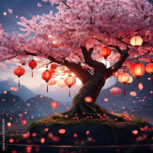 cherry blossom  with Floating paper lanterns  photo