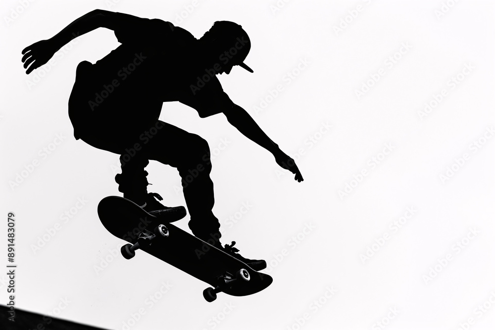 Fototapeta premium A silhouette of a skateboarder performing a trick mid-air against a white background capturing the essence of skateboarding