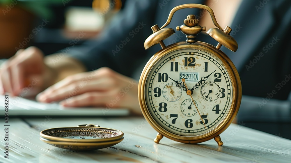 Fototapeta premium Businesswoman using a digital clock to manage time, with an antique pocket watch displayed on her desk, symbolizing the evolution of time management tools realistic photo, high resolution ,