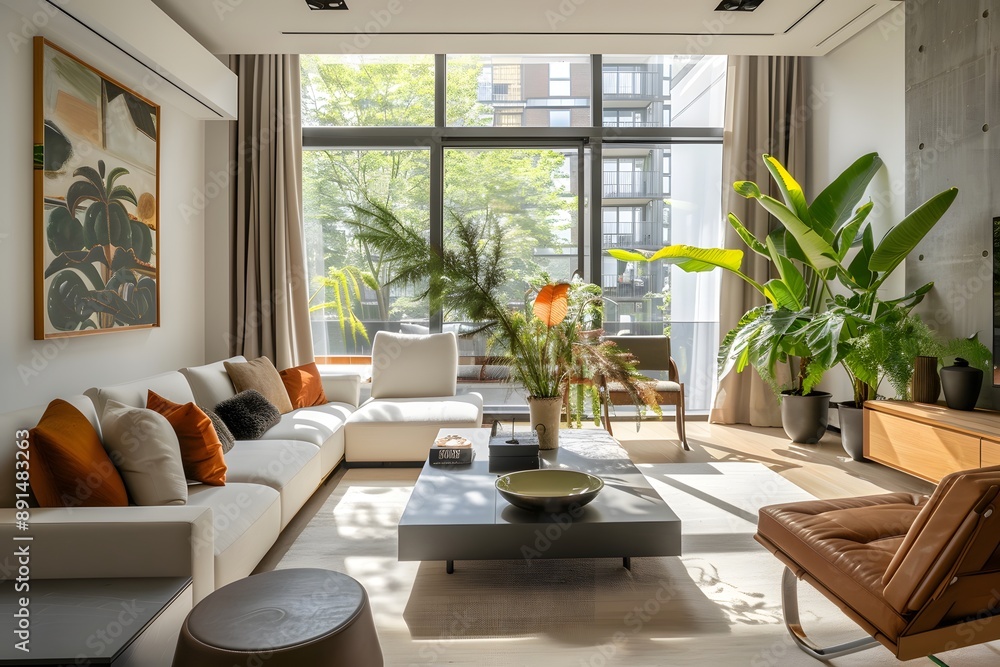 Spacious, bright living room with large windows, modern furniture, and indoor plants, creating a cozy and inviting atmosphere Spacious, bright living room with large windows, modern furniture, and indoor plants, creating a cozy and inviting atmosphere