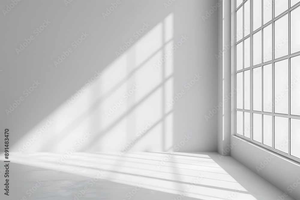 Blank empty white wall and floor studio with natural window light and soft shadows overlay mockup background for design, product display Blank empty white wall and floor studio with natural window light and soft shadows overlay mockup background for design, product display