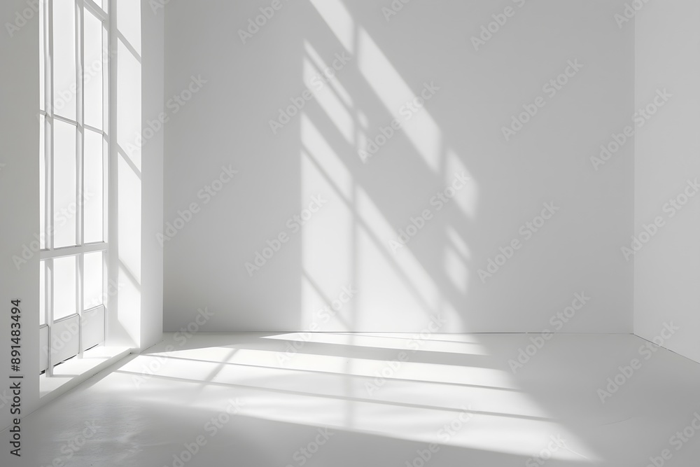 Obraz premium Blank empty white wall and floor studio with natural window light and soft shadows overlay mockup background for design, product display