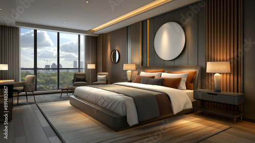 modern living room: Luxurious Modern Bedroom With City View: Elegant Design Featuring King-Size Bed, Ambient Lighting, And Floor-To-Ceiling Windows