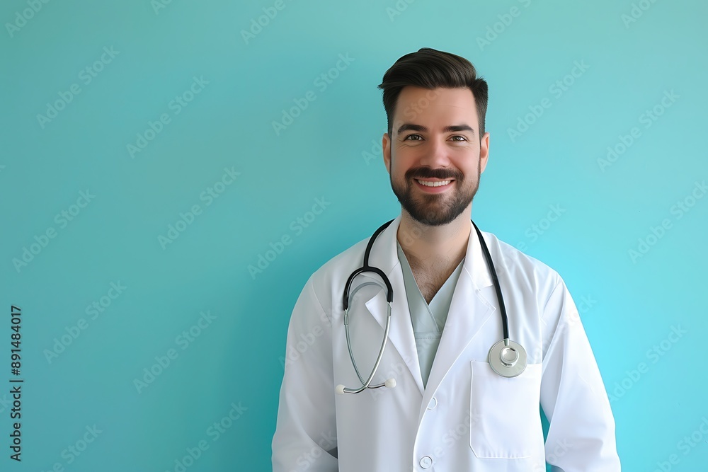 Doctor in clinic attire, stethoscope on neck, pastel blue wall, friendly expression Doctor in clinic attire, stethoscope on neck, pastel blue wall, friendly expression