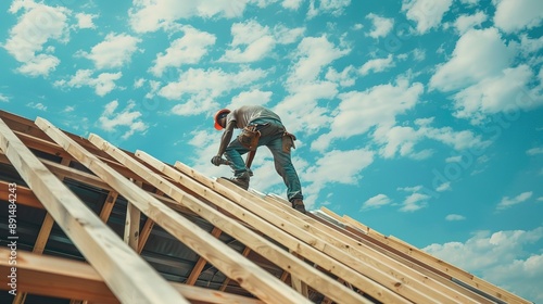 Wallpaper Mural Roof worker or carpenter building a wood structure house construction.  Torontodigital.ca