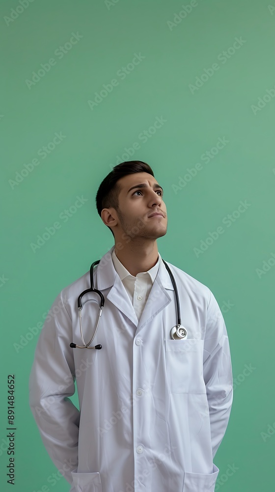 Doctor in clinic coat, stethoscope around neck, solid mint green background, poised and attentive Doctor in clinic coat, stethoscope around neck, solid mint green background, poised and attentive
