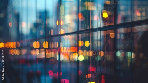 A blurry image of a glass building with city lights in the background