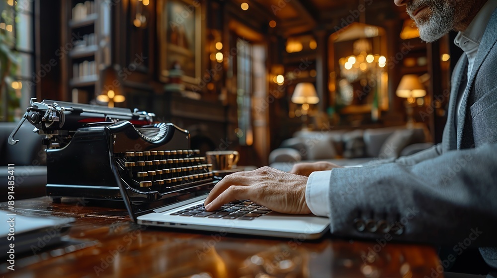 Entrepreneur typing a business proposal on a modern laptop while an antique typewriter serves as a decorative piece, blending the old with the new in the workspace realistic photo, high resolution , Entrepreneur typing a business proposal on a modern laptop while an antique typewriter serves as a decorative piece, blending the old with the new in the workspace realistic photo, high resolution ,