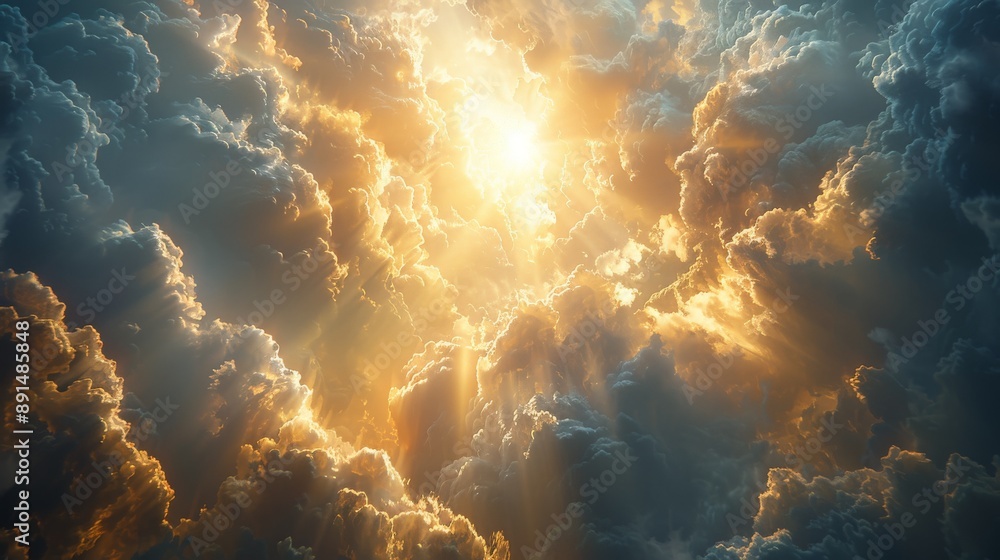 Fototapeta premium Golden Light Pierces Through Dramatic Cloudscape At Sunset. Generative AI