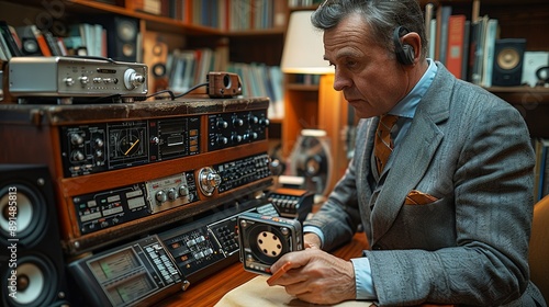 Businessman using a digital voice recorder to capture meeting notes, with a vintage tape recorder displayed on his desk, showcasing the evolution of audio recording devices realistic photo, high photo