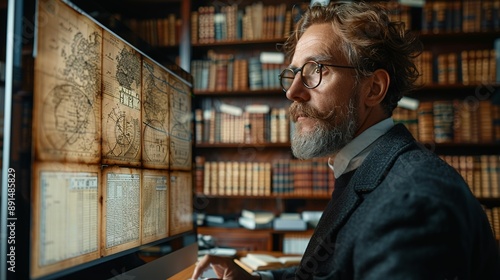 Entrepreneur analyzing data on a high-tech computer monitor while referencing old financial ledgers, illustrating the integration of modern and historical business tools realistic photo, high