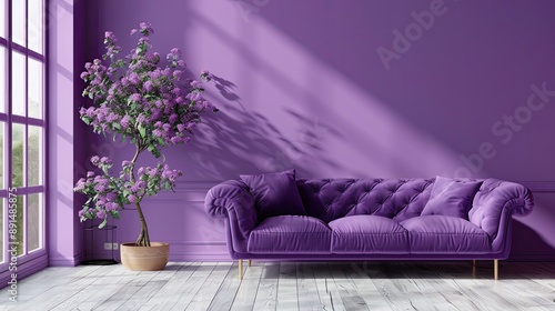 A purple couch sits in front of a purple wall