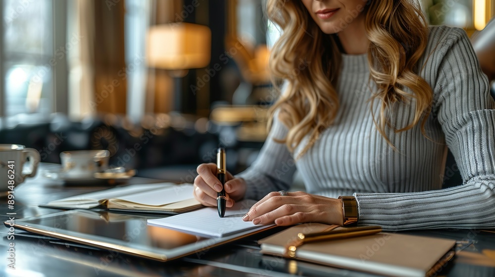 Businesswoman using a modern tablet for note-taking while a vintage fountain pen and notebook lie on her desk, blending the convenience of digital with the charm of analog tools realistic photo, high Businesswoman using a modern tablet for note-taking while a vintage fountain pen and notebook lie on her desk, blending the convenience of digital with the charm of analog tools realistic photo, high