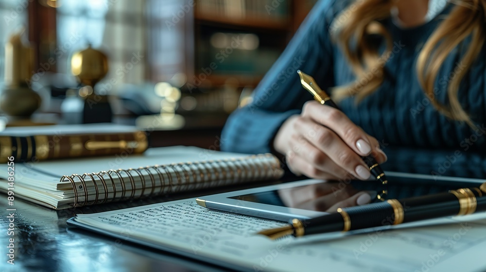 Businesswoman using a modern tablet for note-taking while a vintage fountain pen and notebook lie on her desk, blending the convenience of digital with the charm of analog tools realistic photo, high Businesswoman using a modern tablet for note-taking while a vintage fountain pen and notebook lie on her desk, blending the convenience of digital with the charm of analog tools realistic photo, high