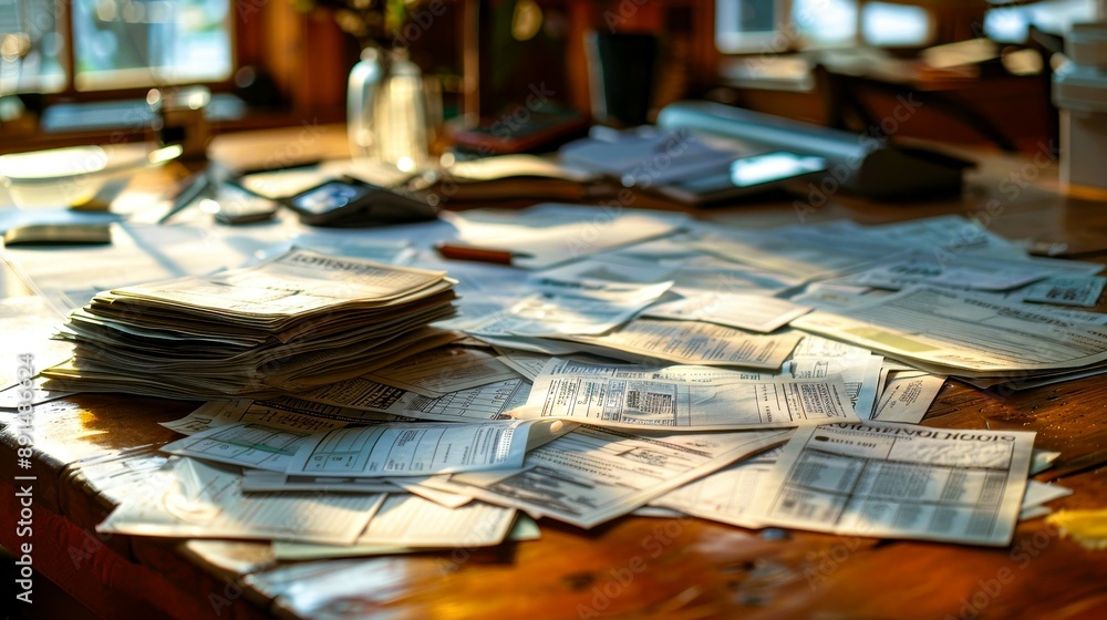 A cluttered wooden table filled with various papers, ideal for themes of organization, paperwork, or a busy workspace. A cluttered wooden table filled with various papers, ideal for themes of organization, paperwork, or a busy workspace.