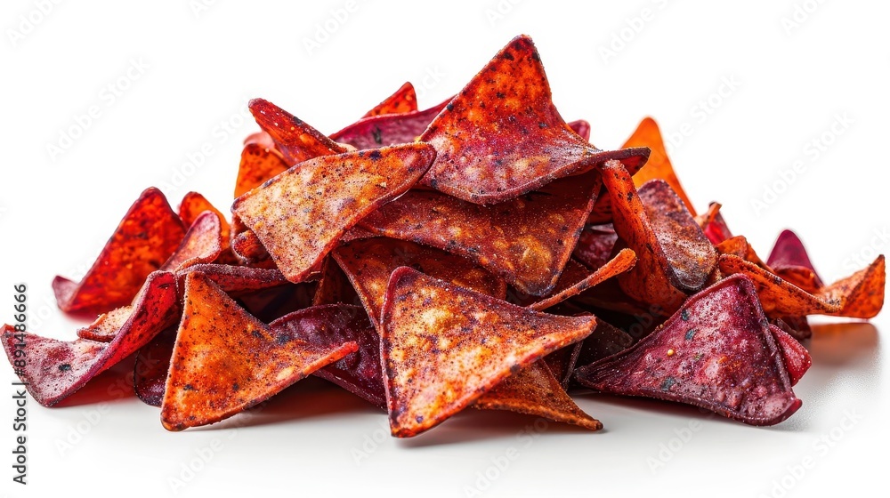 A close-up of a pile of vibrant, seasoned, red and orange tortilla chips on a white background. Ideal for snack or food-related themes. A close-up of a pile of vibrant, seasoned, red and orange tortilla chips on a white background. Ideal for snack or food-related themes.