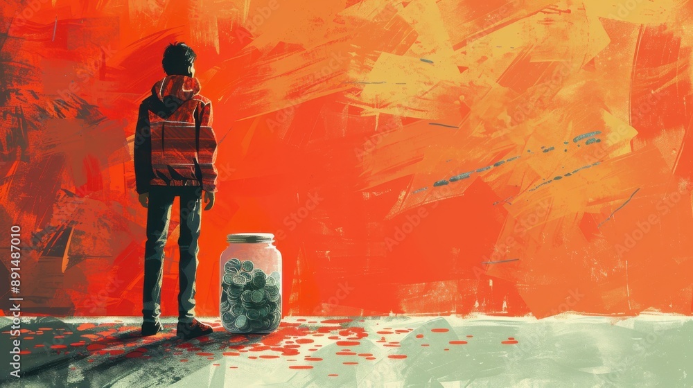 Obraz premium A solitary figure stands before a vibrant orange wall, contemplating a jar filled with dreams and possibilities.