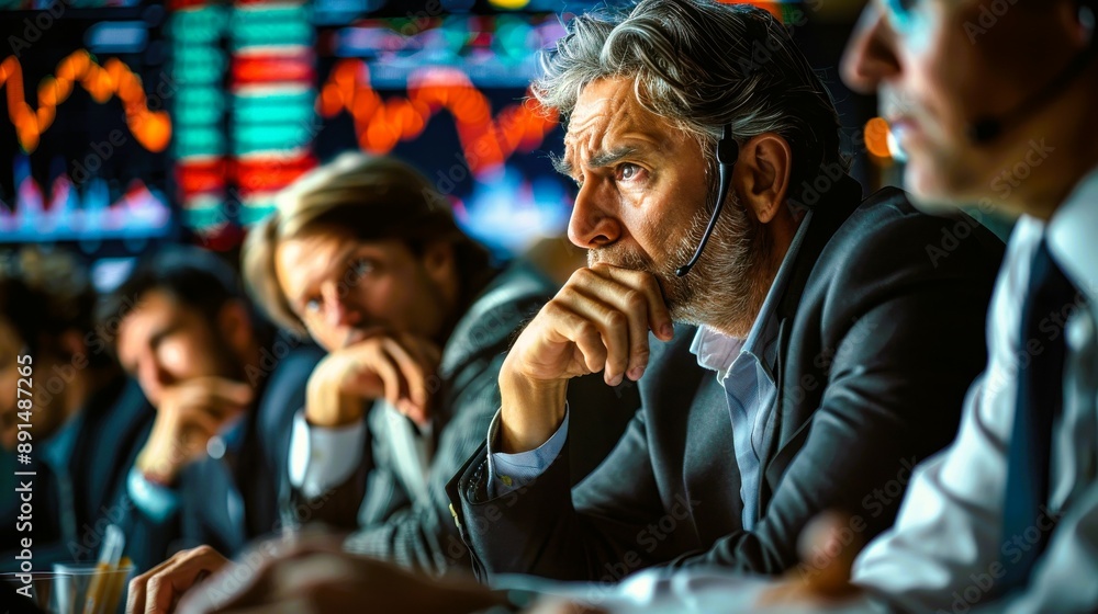 Focused business professionals evaluating market trends in a finance meeting, surrounded by digital stock charts. Focused business professionals evaluating market trends in a finance meeting, surrounded by digital stock charts.