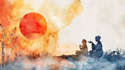 Watercolor illustration for guru purnima with a silhouette of guru blessing a disciple. photo