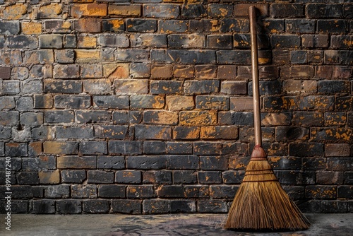 Wallpaper Mural A broom is leaning against a brick wall. The wall is old and has a lot of cracks and holes. The broom is leaning against the wall, and it looks like it's been there for a while Torontodigital.ca