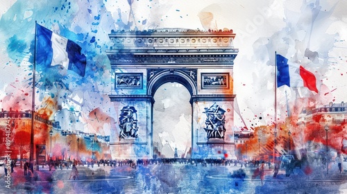 Watercolor illustration for french national day celebration with arc de triomphe and large flag. photo