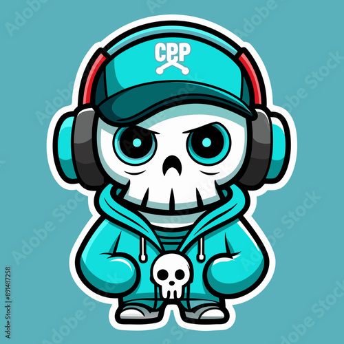 Cute Chibi Cartoon Skull with Baseball Cap and Headphones Sticker Design 