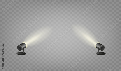 Spotlights set, stage and studio light, realistic hanging lamps. Spot lights and searchlights for concert. Vector
