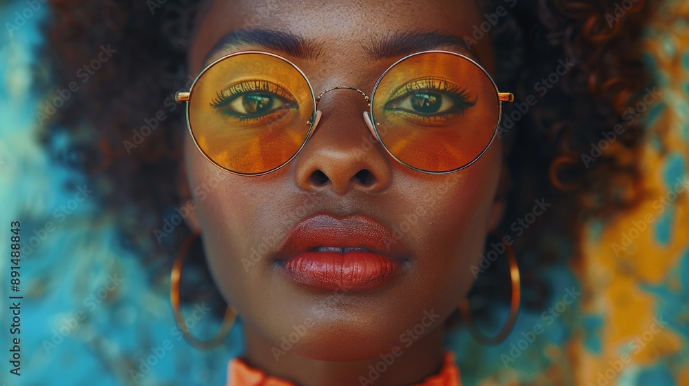A Woman Wearing Orange Sunglasses Looks Intently Into the Camera. Generative AI A Woman Wearing Orange Sunglasses Looks Intently Into the Camera. Generative AI