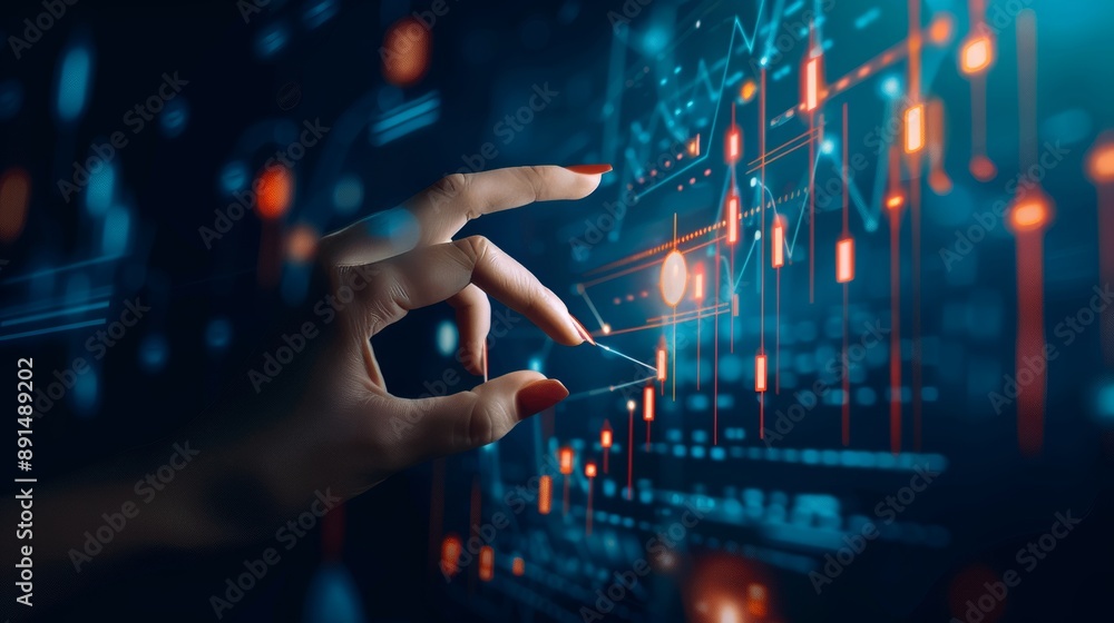 Person's Hand Interacting with Digital Stock Market Chart on Dark Blue Background, Symbolizing Financial Analysis and Market Trends. 3D Rendering Representing Modern Finance and Investment Insights Person's Hand Interacting with Digital Stock Market Chart on Dark Blue Background, Symbolizing Financial Analysis and Market Trends. 3D Rendering Representing Modern Finance and Investment Insights