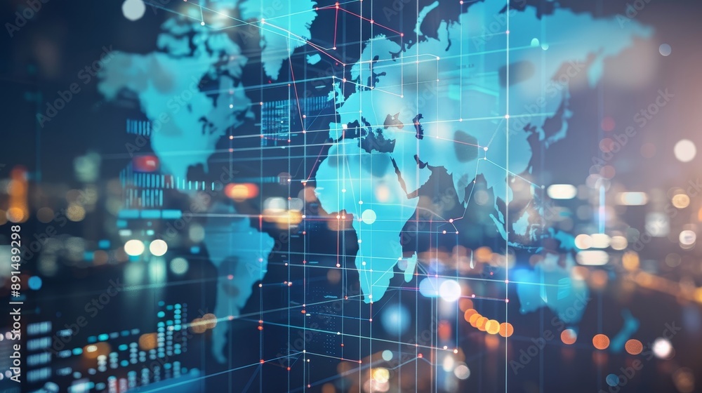 Abstract Creative World Map Interface on Blurry Skyline Background, Representing International Trading and Global Connectivity. Multiexposure Concept Illustrating Modern Business and Economic Networks Abstract Creative World Map Interface on Blurry Skyline Background, Representing International Trading and Global Connectivity. Multiexposure Concept Illustrating Modern Business and Economic Networks