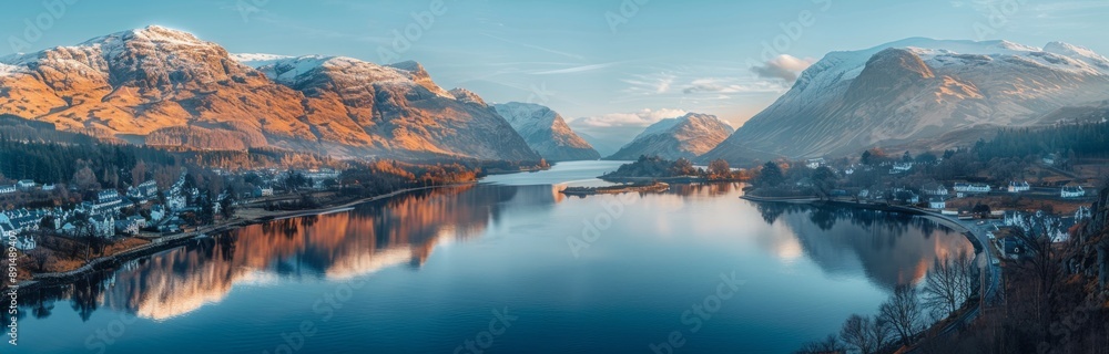 Majestic Scottish Highlands Aerial Panorama at Golden Hour with Snow-Capped Mountains, Loch, and Copper Glens Majestic Scottish Highlands Aerial Panorama at Golden Hour with Snow-Capped Mountains, Loch, and Copper Glens