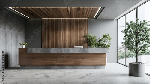 Modern Lobby with Wooden Reception Desk, Minimalist Design Featuring Gray Stone Walls and Large Windows Creating a Professional Business Ambiance