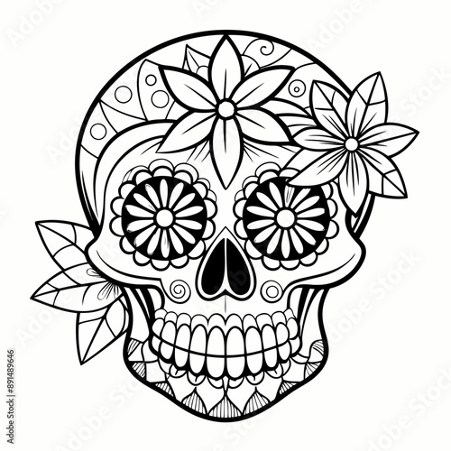 Simple Line Art Coloring Page of Skull with Half Flowers on Black Background
 photo