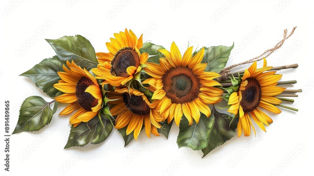 Obraz premium A vibrant bouquet of sunflowers with lush green leaves, isolated on a white background. Perfect for floral and nature-themed designs.