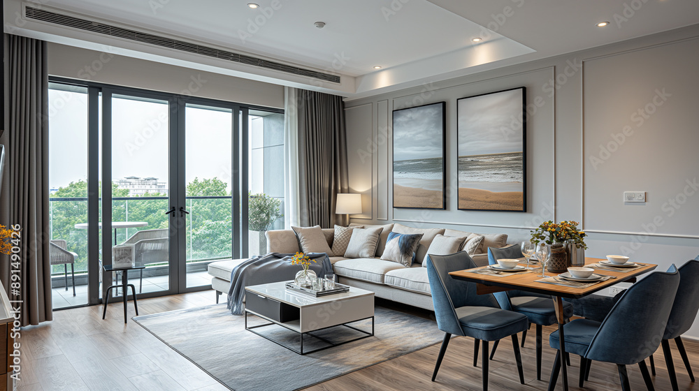 Fototapeta premium Bright And Modern Living Room With Large Windows And Indoor Plants: Comfortable Seating And Sleek Design Featuring Neutral Tones