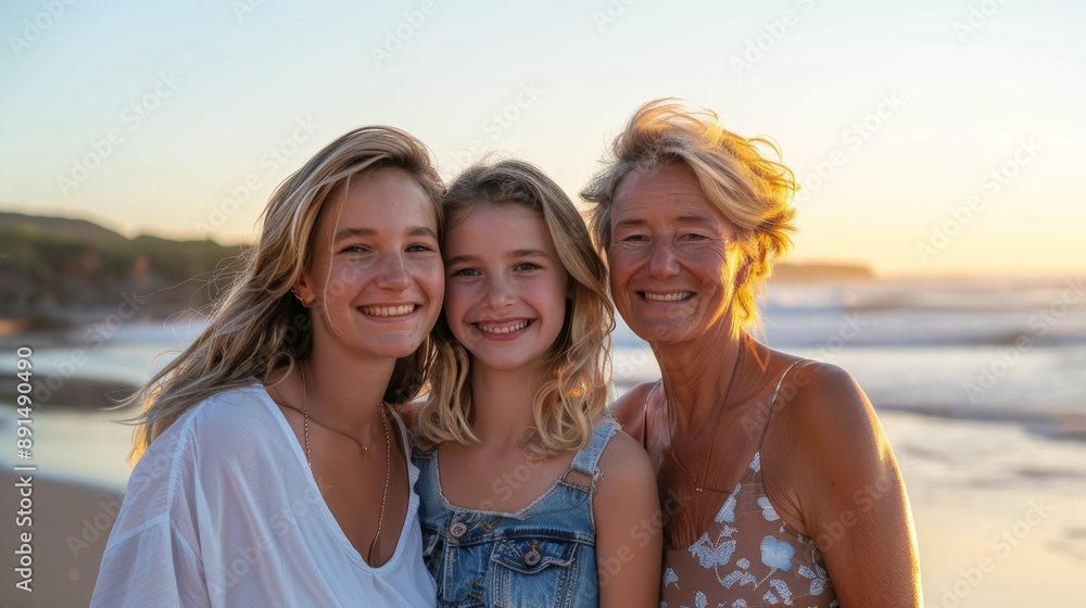 Sunny beach portrait of female family members. Mother, grandchild, and grandmother on the promenade. Female multigenerational family with young girl Sunny beach portrait of female family members. Mother, grandchild, and grandmother on the promenade. Female multigenerational family with young girl