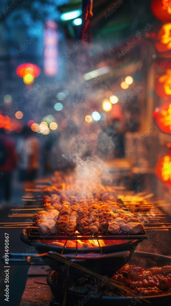 Chinese street food grilling with smoke, neonlit night market, diverse people walking by, blurred vibrant background, lively atmosphere Chinese street food grilling with smoke, neonlit night market, diverse people walking by, blurred vibrant background, lively atmosphere