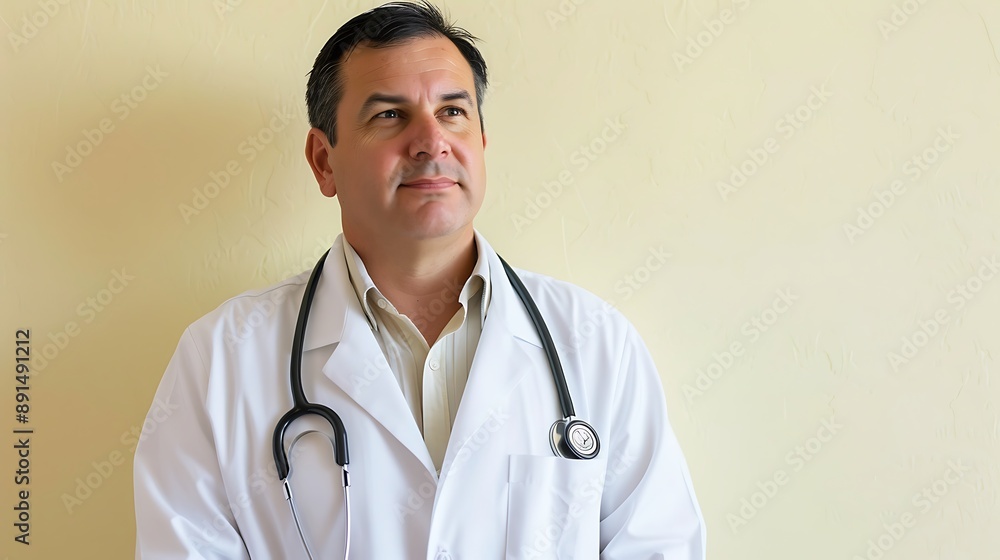 Doctor in white coat, stethoscope around neck, light yellow wall, caring look. Doctor in white coat, stethoscope around neck, light yellow wall, caring look.